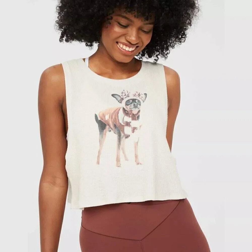 Offline by Aerie Wow Waffle Knit Cream Chihuahua Distressed Crop Tank Top M